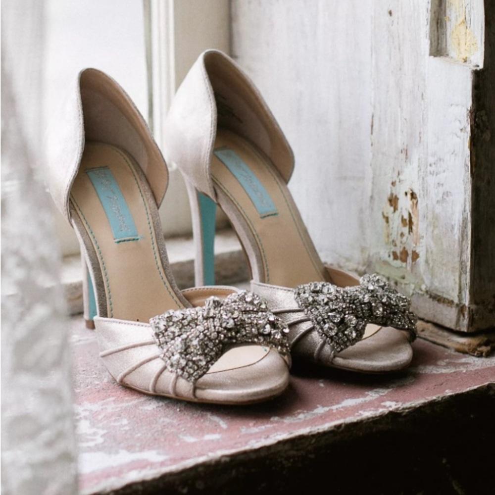 Betsey Johnson Ivory Satin Rhinestone Bow Wedding Shoe